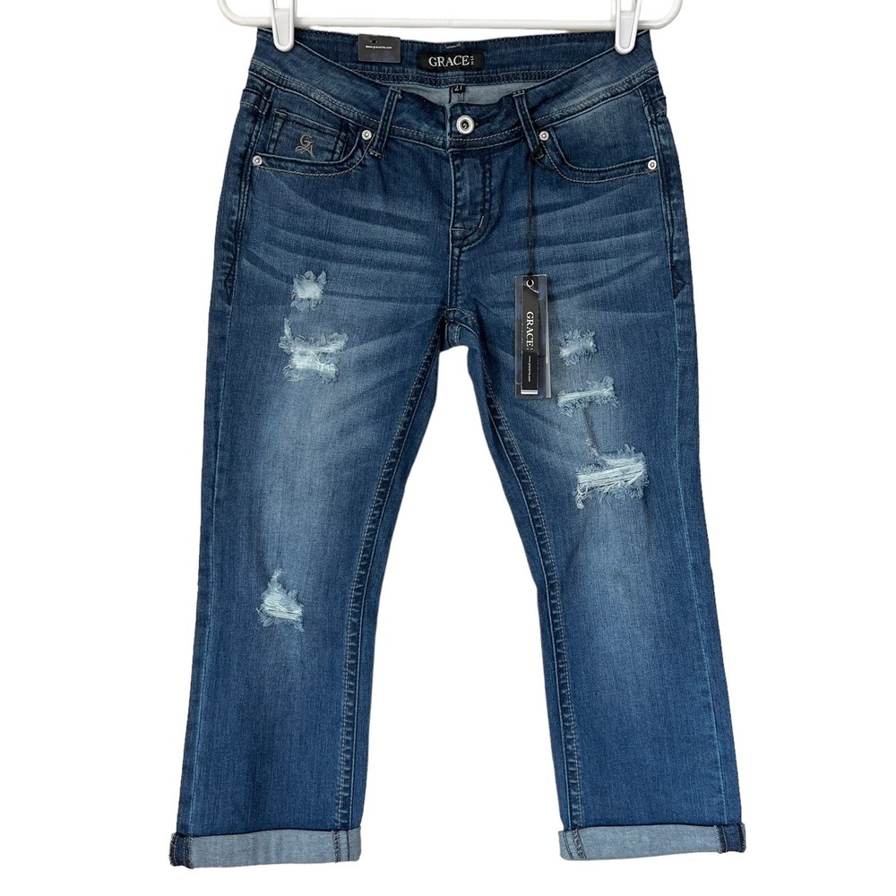 GRACE in LA Women Blue Crop Jeans Sz 27 Distressed Stretch Low Rise Straight NWT